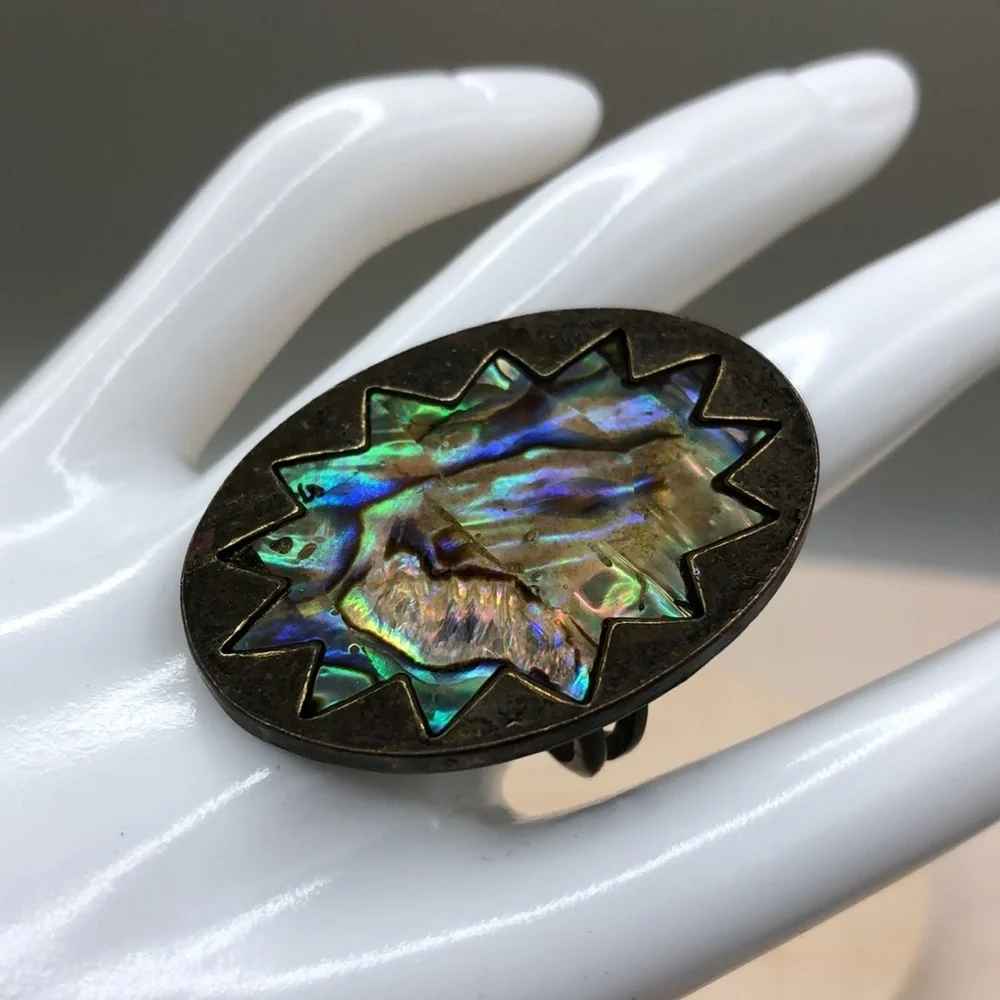 Antiqued brass tone abalone inlay star sun burst large big ring statement style